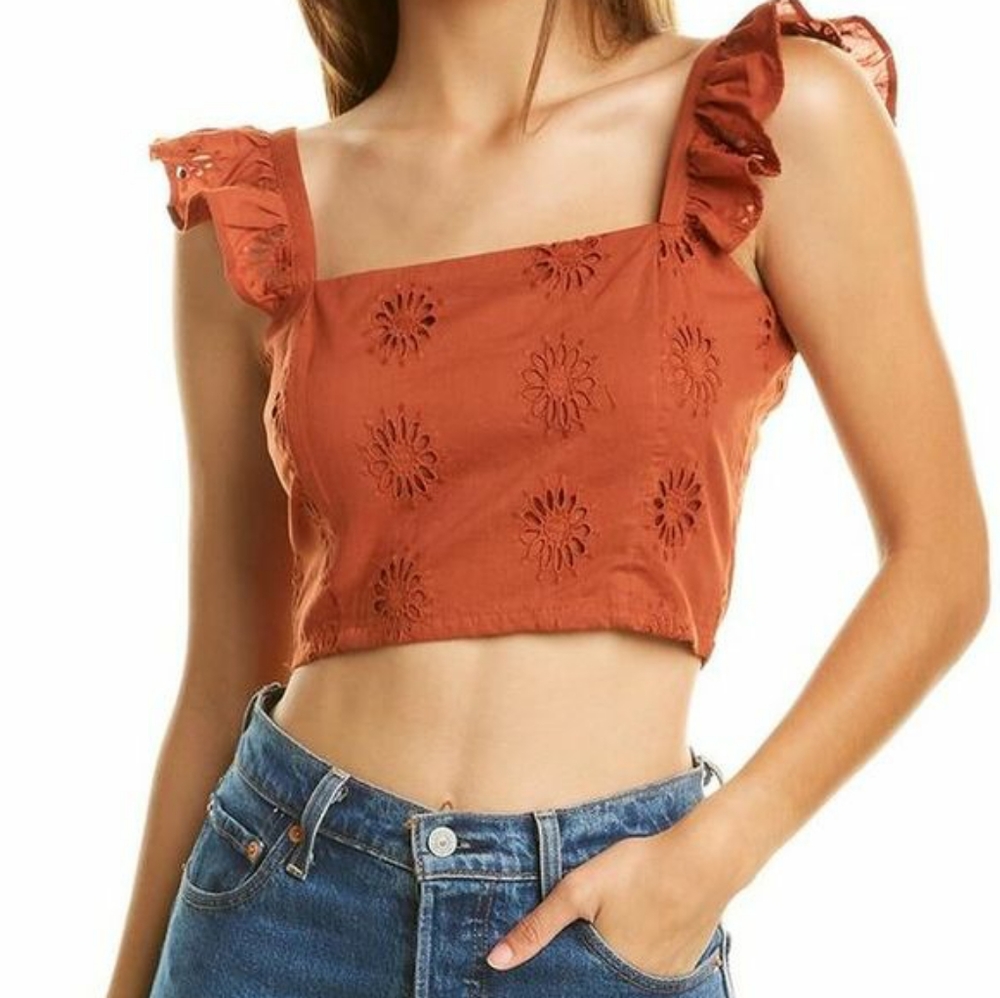 Walter Baker Violet floral eyelet crop top rust orange ruffles boho large New